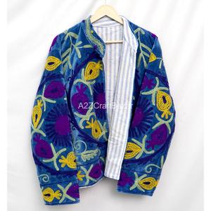 Black Suzani Embroidered Stripe Handmade Winter Warm Women's Hippie Jacket 100% Cotton Velvet Fabric Eco-Friendly Wholesale - Product Image 2
