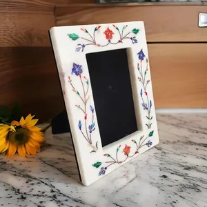 Handcrafted <b>White</b> Marble Photo <b>Frame</b> Delicate Floral Inlay Lightweight Stone Era Fashionable for Tabletop Home/Office/Hotel - Product Image 2