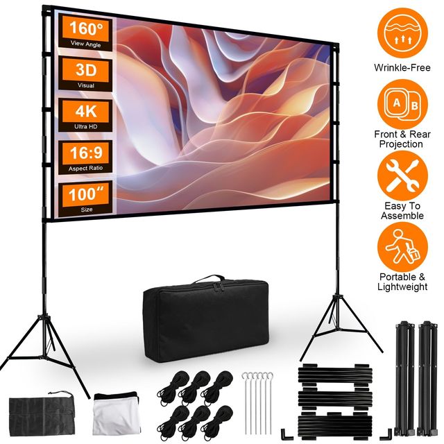 100inch/120inch Portable Foldable Movie Screen Stand 16:9 4K HD Rear Front Wrinkle-Free Options Projector Screen Storage Bag