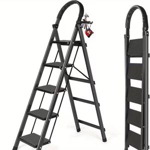 Échelle pliante en acier antidérapante moderne à 5 marches avec plateau à outils Capacité de 300 lb Portable pour la maison Cuisine Bibliothèque Bureau - Product Image 5