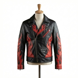 Chaqueta de Motociclista de Cuero Negra para Hombre, Resistente al Viento, con Bordado de Alas de Murciélago y Llamas Rojas, Estilo Punk Rock Gótico, Personalizada, Vintage - Product Image 1