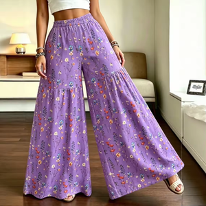 Pantalon large à imprimé floral, taille haute, coupe ample, en mélange de mousseline, décontracté, pour l'été - Product Image 4