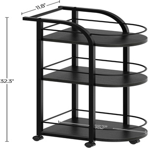 3-Tier Bar <b>Cart</b> Home Bar Serving <b>Cart</b> with Fence and Wheels for Dining Room, Living Room, Garden, Party Black Metal Bar <b>Trolley</b> - Product Image 2