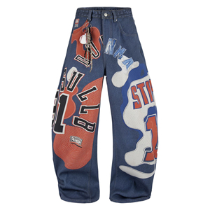 Jean baggy brodé patchwork personnalisé, style streetwear, coupe évasée, délavage vintage, jambe large, patchwork oversize, Harajuku - Product Image 4