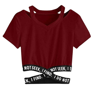 Women's V-Neck <b>Crop</b> <b>Top</b> Short Sleeve Letter Print Slim Fit Casual T-Shirt <b>Red</b> - Product Image 1