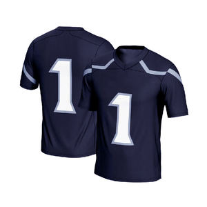 Camiseta de Fútbol Americano Sublimada Personalizada, Cuello en V, Manga Corta, Absorbe la Humedad, Número 1 del Equipo, Azul Marino, Malla Transpirable - Product Image 1