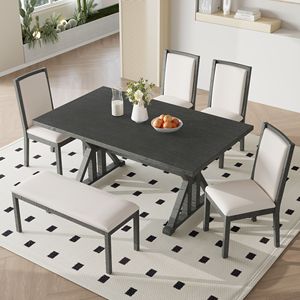 Set da Pranzo Classico in Stile Fattoria con 6 Pezzi: Tavolo con Gambe a Cavalletto e 4 Sedie Imbottite, Tavolo da Cucina per 6 Persone - Product Image 1