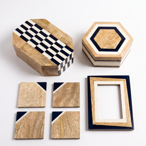 Ensemble de dessous-de-verre géométriques en os incrusté et bois à motif damier, faits à la main, personnalisés OEM/ODM, avec cadre photo et boîtes de rangement pour la décoration intérieure - Product Image 1