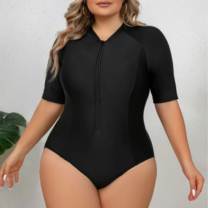 Maillot de bain sport une pièce sexy grande taille couleur unie avec fermeture éclair pour femme, combinaison de surf moulante à manches courtes, tenue de plage OEM - Product Image 2