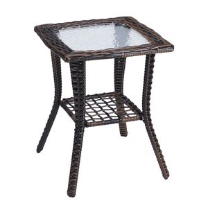 Tavolino Laterale da Esterno in Vimini Marrone con Piano in Vetro, Tavolino in Rattan per Patio, Caffè, Bistrò, Giardino, Portico, Balcone, Parco - Product Image 2