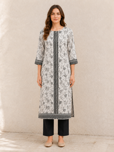 <b>White</b> Color Printed Kurti Round Neck 3/4 Sleeves Straight Long Tunic Top <b>women's</b> set Casual Daily Wear Clothes Wholesale Supply - Product Image 1