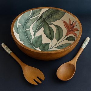 Bol en bois émaillé fait main avec motif de feuilles et de fleurs tropicales pour le service des aliments, usage décoratif, bol personnalisé pour la maison et les restaurants - Product Image 3