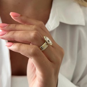 2 Carat Marquise Lab Grown Diamond <b>Thick</b> Bezel-Prong Set Flush Fit Bridal Set , 3MM Engagement <b>Ring</b> Set , IGI Certified - Product Image 2