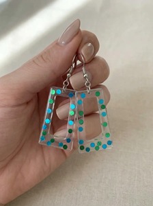 Modern <b>Clear</b> <b>Resin</b> Earrings With Blue Green Dots Handmade Geometric Design Statement Jewelry - Product Image 2