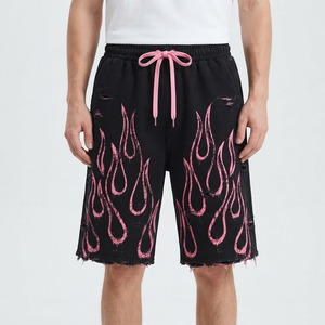 Men's Black Ripped Bermuda <b>Shorts</b> Pink Flame Print Streetwear Baggy <b>Sweat</b> Jorts Elastic Waist - Product Image 4