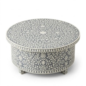 Table basse de luxe artisanale en os incrusté, ronde, grise, motif floral, style marocain, pour salon, vente en gros - Product Image 1
