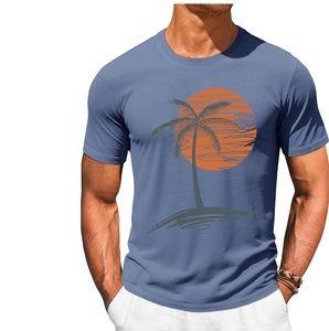 T-shirt à manches courtes bleu pour homme avec imprimé Forêt au coucher du soleil, col rond décontracté, coupe classique, en jersey de coton - Product Image 1
