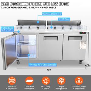 Attrezzatura di Refrigerazione per Cucine Commerciali, Tavolo Refrigerato in Acciaio Inox da 72 Pollici per Preparazione Sandwich e Insalate - Product Image 2