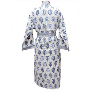 Kimono japonais de haute qualité 100% coton, vêtements d'été colorés pour femmes, imprimé feuilles bleues, col en V, manches longues, fermeture à ceinture, longueur intégrale - Product Image 6