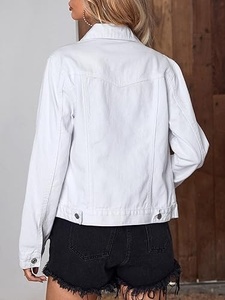 White Denim Jacket With Rhinestone Rivet Decoration Turn-down Collar Single Breasted Casual Style Regular Sleeve Spring Wear - Product Image 4