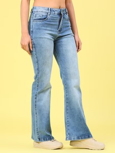 Women's Casual Blue Denim <b>Boot</b> Cut Jeans Mid Waist Knee Length Flattering Relaxed Fit Vintage Versatile - Product Image 3