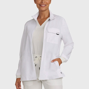 Bata de laboratorio blanca para mujer con cremallera completa, bolsillo frontal, tejido de poliéster, uniforme de hospital, chaqueta quirúrgica con detección de agujas - Product Image 5