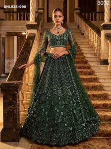 Premium Quality Net with Monochrome Sequin-Bugle <b>Beads</b>-Resham Thread work A-Line Dark-Green Choli Set Supplier from Surat - Product Image 4