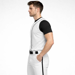 Wholesale Custom Men's Sleeveless Baseball Uniform Set White Button <b>Down</b> Jersey Vest and <b>Pants</b> with Black Piping - Product Image 5