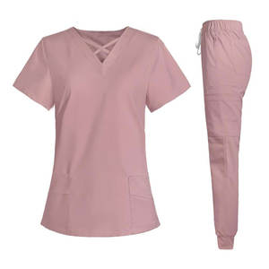 Ensemble de tenues d'infirmière rose pâle respirant pour femmes, uniformes d'hôpital, design col croisé, pantalon jogger ajusté, vêtements de travail en spandex doux - Product Image 1