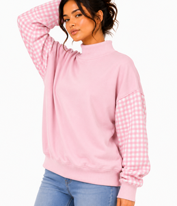 Sudadera de cuello alto para mujer con logo personalizado, mangas de gingham, apliques de letras, estilo oversize, casual, tipo jersey, fabricante - Product Image 3
