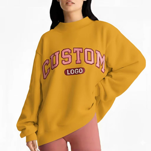 Custom Logo Front Winter Solid Cotton Mock Neck Streetwear <b>Drop</b> Shoulder Embroidered Fleece Pullover Oversized Sweatshirt Women - Product Image 2