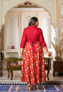 Ensemble femme en rayonne imprimé floral, grande taille, style Anarkali, col chemise, manches 3/4, bordeaux, ethnique, décontracté, tenue de fête, coupe évasée - Product Image 4