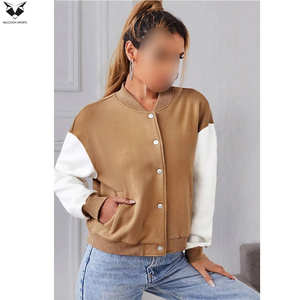Excellent Fournisseur – Nouvelle Veste Teddy Femme OEM ODM, Couleur Unie, Manches Contrastantes, Col Rond, Manches Longues, Style Court - Product Image 3