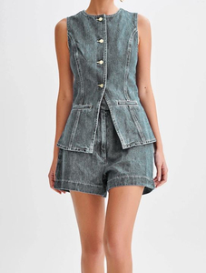 Men's Denim Sleeveless Vest With Shorts <b>Set</b> Casual Solid Color Washed Cotton Woven Summer Wear Plus Size Men's <b>Sets</b> - Product Image 6