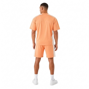 Men's <b>Orange</b> Color Blocking Crew Neck Knitted <b>T</b>-<b>Shirt</b> Set Casual Summer Wear Breathable Cotton - Product Image 2