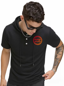 Camiseta con Capucha de Manga Corta Azul Marino para Hombre, Corte Regular, Tejido Ecológico, Informal, Poliéster/Algodón, 240g - Product Image 1