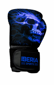 Gants de boxe IBERIA Premium noirs avec imprimé crâne flamme bleue, gants d'entraînement en cuir PU, logo personnalisé, équipement sportif en gros OEM - Product Image 2