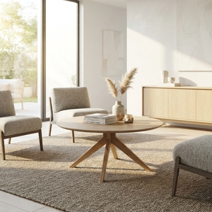 Mesa de centro redonda de madera premium, minimalista, de madera maciza de teca, mesa de té circular para sala de estar, mesa baja con estructura central para espacios y unidades. - Product Image 4