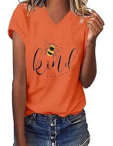 Women Crew Neck Short Sleeve <b>T</b>-<b>Shirt</b> Blue <b>Bee</b> Kind Print Casual Summer Top Cotton Jersey Regular Fit Anti-shrink Digital Printed - Product Image 5