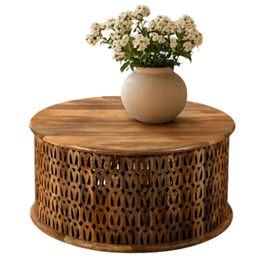 Mesa de Centro de Madera de Mango Sólida Nórdica con Base de Celosía Intrincada Tallada a Mano, Tapa Redonda y Acabado Natural para Sala de Estar - Product Image 4