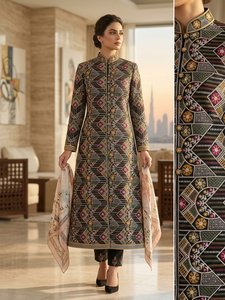 Women's Embroidered Long Coat Abstract Geometric Pattern cotton Fabric Medium <b>Weight</b> for jacket long <b>dress</b> long coat abaya burkh - Product Image 3