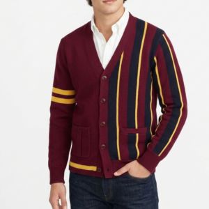 Custom Vintage Style Men's Maroon Striped Knit <b>Cardigan</b> <b>Sweater</b> V-Neck Button Down Long Sleeve College Varsity Casual Outerwear - Product Image 1