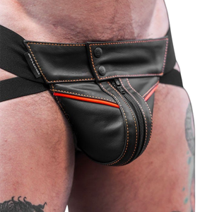 Jockstrap en cuir pour homme, style athlétique, avec bordure orange, en cuir de qualité supérieure, sous-vêtements fétichistes, bretelles réglables - Product Image 5