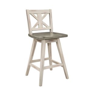 Set di 2 Sedie da Bancone Bianche e Grigie, Girevoli a 360 Gradi, in Legno di Gomma Massiccio, Sgabelli da Bar con Schienale a X per Cucina e Sala da Pranzo - Product Image 2