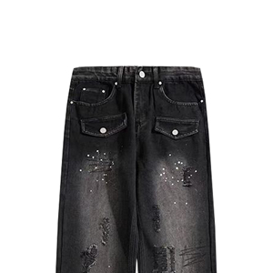 En gros, Pantalon Jean Baggy de Créateur pour Homme en Denim, à Strass, Délavé Clair, Coupe Large, Effet Usé et Délavé à l'Acide - Product Image 3