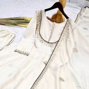Women Pure Roman Cotton Embroidered Gown <b>Pant</b> Set with Soft Organza Dupatta <b>Sequin</b> Thread Work Designer Ethnic Wear Party We - Product Image 4