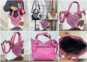 Sac fourre-tout tendance en cuir de vachette repoussé en forme de cœur rose pour femme, sac à main de luxe fait main avec poignée supérieure et bandoulière - Product Image 3