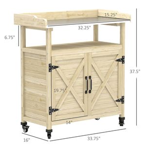 Banco da Giardinaggio in Legno Naturale con Armadietto e Piano in Alluminio per Uso Esterno con Ruote in Gomma - Product Image 3
