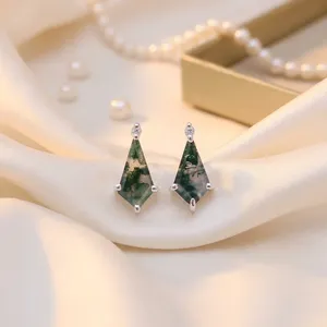 Boucles d'oreilles clous en argent sterling 925 avec agate verte mousse taille poire, bijoux élégants en pierres précieuses pour femmes, vente en gros - Product Image 3