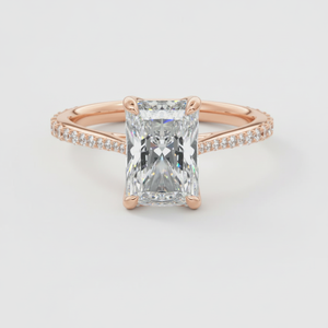 Hoogwaardige juwelen 3.0ct Radiant Cut Lab-diamanten ring met diamanten puntige klauwen, Franse pavé-band, platina ring - Product Image 5